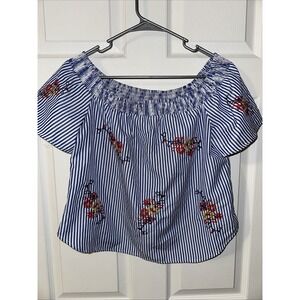 Flying Tomato Blue White Strips Embroidery Off/On Shoulders Large Cropped Blouse